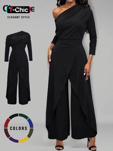 Women's Plain Ruched Wrap Split Hem Jumpsuit, Elegant Wide Leg Jumpsuit for Dating Daily Wear, Ladies Clothes for All Seasons