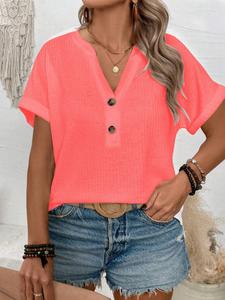 Fashion Waffle-Knit Henley T-Shirt Plus Size Basic Casual Short-Sleeve Loose Fit Tops, Soft Breathable Fabric, Y2K Clothes Summer Outfits, Trendy Daily Casual Wear, Comfortable Relaxed Fit Streetwear T-Shirt