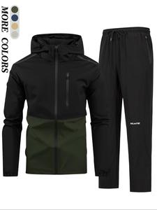 Men's Patchwork Zip Up Hooded Jacket & Letter Print Pants Set, Casual Long Sleeve Drawstring Outerwear & Pocket Trousers, Men's Outfits for All Seasons, Athletic Tracksuit, Tracksuit Sets