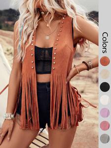 Women's Solid Color Studded Decor Fringe Trim Jacket, Casual Fashion Open Front Sleeveless Outerwear for Daily Outdoor Wear, Ladies Clothes for Summer