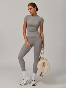 Women's Solid Color Top & High Waist Leggings Sports Set, Casual Comfy Breathable Two-piece for Yoga Gym Workout Running, Ladies Sportswear for All Seasons