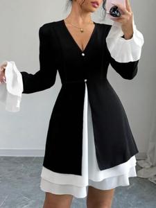 Women's Colorblock Long Sleeve Dress, Elegant Fashion Casual Flounce Sleeve Dress for Daily Outdoor Wear, Holiday Dresses, Women Dress for Spring Fall