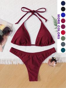 Two-Piece Set Women's Solid Color Halter String Bikini Set, Casual Fashion Chic Tie Back Triangle Swim Bra & Swim Thong Swimwear Set, Ladies Swimsuit for Beach Holiday Vacation Bikini Swim Top