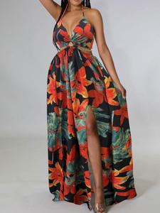 Women's Floral Print Chain Decor Split Thigh Tie Back Cami Dress, Casual Ring Linked Halter Backless Maxi Dress For Beach Holiday Vacation, Ladies Summer Clothes