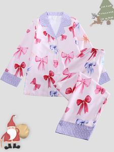 Women's All Over Cartoon Print Loungewear Set, Fashion Lapel Collar Button Front Blouse & Elastic Waist PJ Pants, Women's Sleepwear for Fall, Valentine's Day Gift for Girl