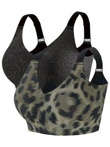 Plus Size Leopard Print Wireless Bra Set, Removable Pads, Comfortable Fabric, Ideal for Home Wear, No Underwire Design
