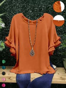 Plus Size Fringe Trim Ruffle Layered Sleeve Tee, Casual Short Sleeve Round Neck T-shirt for Summer, Casual Classy Top, Women's Plus Clothing for Daily Wear, Womenswear