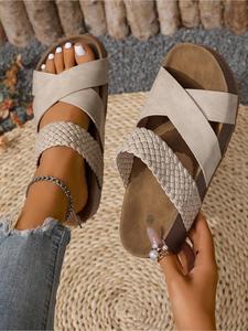 Women Retro Sporty Braided Strap Sandals Thick Wedge Sole Breathable Mesh Lightweight Comfortable Summer Walking Shoes Fashionable Design
