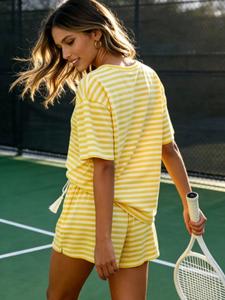 Women's Casual Striped Short Sleeve Top and Shorts Set, Comfortable Daily Wear, Perfect for Relaxing and Light Activities, Summer Outfits Set