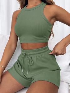 Two-piece Set Women's Solid Ribbed Crop Tank Top & Drawstring Waist Shorts, Casual Sleeveless Top & Pocket Shorts for Summer, Ladies Clothes for Daily Wear