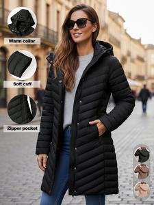 Women's Long Hooded Cotton Jacket with Pockets, Windproof Lightweight Down Coat, Casual Loose Fit Winter Outerwear for Daily Wear