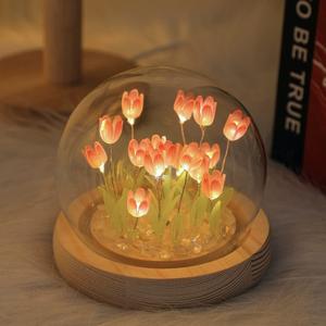 Handmade Tulip LED Night Light, 3 Color Options, 16 Artificial Tulips, Glass Cover with Base, Battery Powered, Perfect Gift for Women
