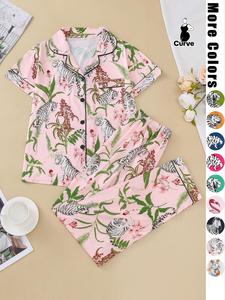 【Plus Size】 Animal Print Pocket Pyjama Set, Casual Short Sleeve Top & Elastic Waist Trousers Lounge Set, Women's Sleepwear for Summer