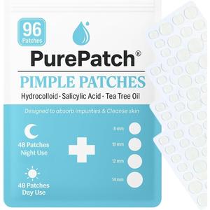 PurePatch Hydrocolloid Pimple Patches – 96 Pack | Tea Tree + Salicylic | Redness & Gunk Removal | Thin & Thick Sizes