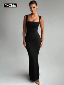 Women's Solid Color Square Neck Bodycon Tank Dress, Elegant Sleeveless Long Dress for Party Club Night Out Holiday Evening, Ladies Summer Clothes