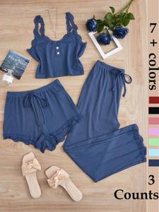 Women's Sleepwear Set, Three-Piece Round Neck Lace Trim Pajamas, Soft Breathable Comfort Casual Home Wear, Tank Top Shorts Long Pants, Soft Lounge Sets