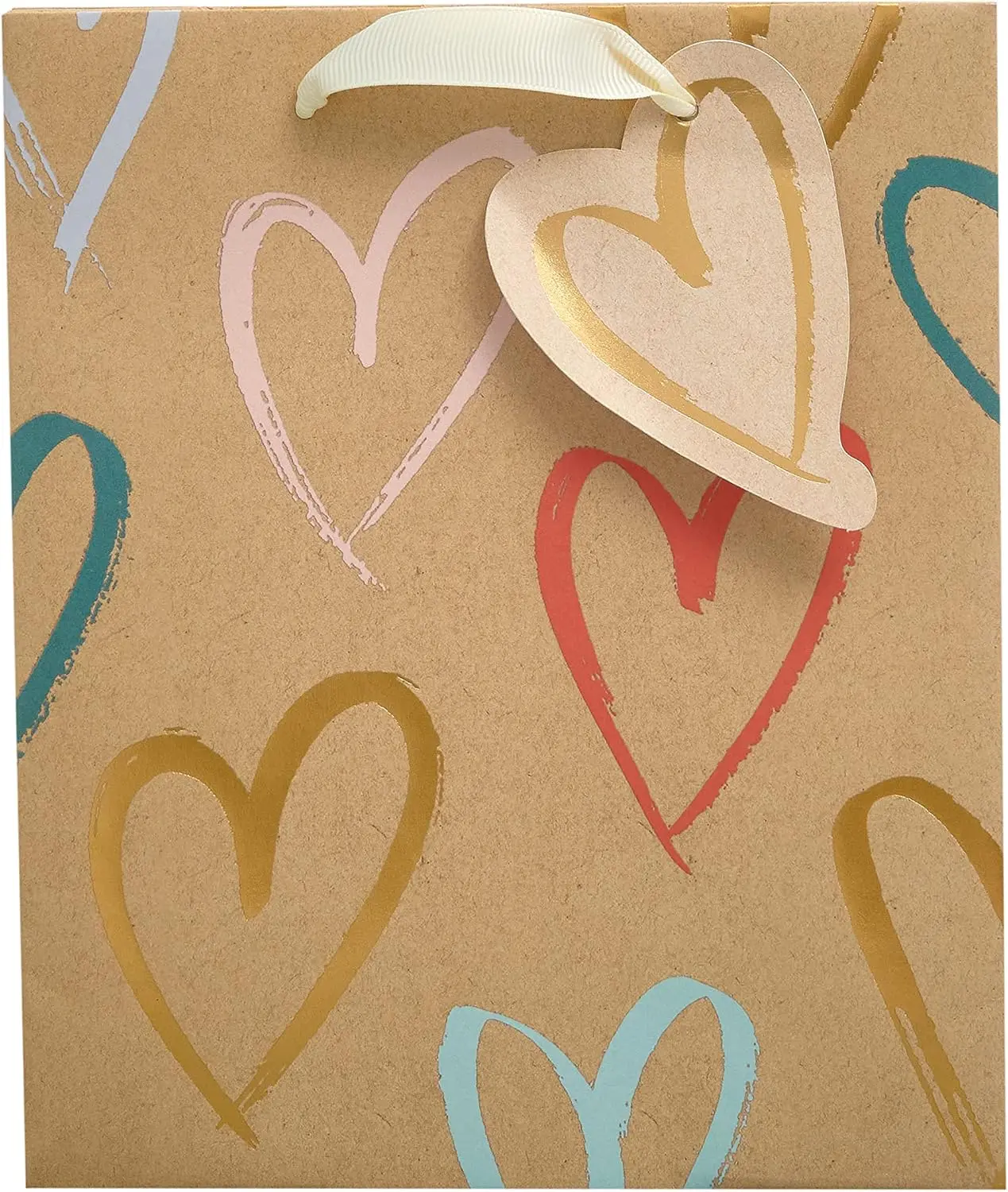 Medium Gift Bag for Her/Friend | Party Bags for Presents | Birthdays/Weddings/Mother's Day | Kraft Hearts Design | 19 x 23 x 9 cm