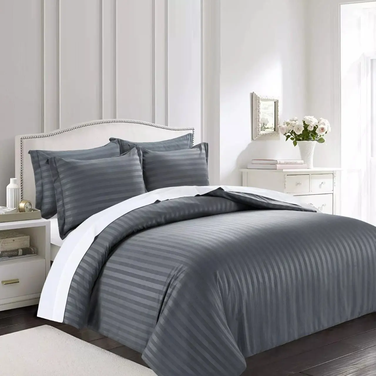 Satin Stripe Duvet Quilt Cover  Bedding Set Single Double King  Super-King Size W Pillowcases  Microfiber Sleepdown Premium  Hotel Quality Duvet Cover Set with  Pillowcases Quilt Bedding Soft  Easy Care Luxury Bed White Black  Silver Cream Grey