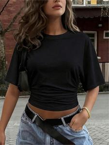 Women's Summer Knitted Simple Y2K Basic Daily Casual Back-to-School Street Style Stretch Loose Pleated Short Crew Neck T-Shirt, Fashionable Daily Casual All-Match Four-Season T-Shirt