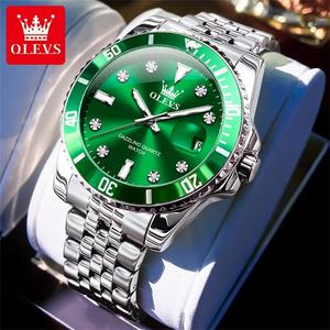 OLEVS Men's Luxury Watch Emerald Big Face Original Quartz Watch Stainless Steel Diamond Dress Calendar Waterproof Luminous Fashion Luxury Wrist Watches for Men 9809