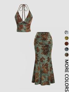 Women's Floral Deep V Neck Crop Top & Fish Tail Skirt Set, Womenswear, Sexy Two-Piece, Back-To-School Fashion, All-Over Print Design