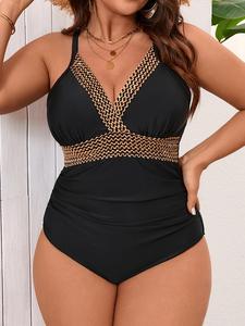 [Plus Size] V Neck One-Pieces, Sleeveless Tummy Control Stretchy Swimwear for Beach Vacation, Women's Swimsuit for Summer