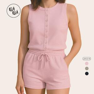 RELA RELA Fine Rib Button Up Sleeveless Top And Shorts Two Piece Loungewear Set UK 6-14 Basic Comfort Cotton Pajama Womenswear Outfit