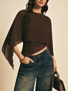Women’s Brown Shawl-Collar Casual Top, Elegant Blouses for Women, Casual Women’s Tops, Suitable for Daily Wear and Going Out, Batwing-Sleeve Top, Coffee Brown Top, Dark Brown Top