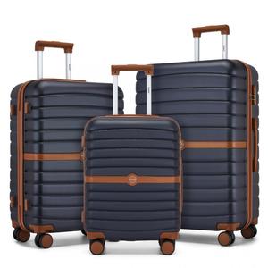 [MissLulu Bags] Striped Design ABS+PC Hardshell 20''(55x40x20cm)/24''/28'' with Colour-Block Details Luggage with 360 Spinner Wheels - Navy and Brown