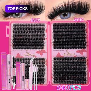 Mixed Length False Eyelashes Kit, 1 Set Fluffy Curling False Eyelashes with Eyelash Glue & Tweezers, Professional Eye Makeup Accessories for Women, Cosmetic
