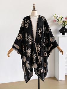 Boho Ocean Embroidered Split Scarf, Loose Fit, Elegant Style, All Seasons, Perfect for Beach Vacations, Commuting, Dates