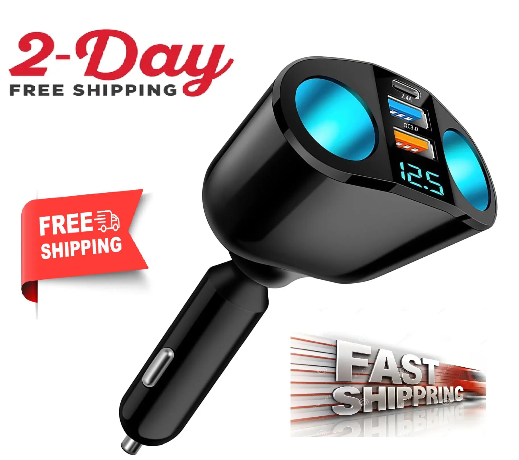 120W Car Cigarette Lighter Adapter USB C QC3.0 & PD 12V/24V, Multi-Socket with LED Voltmeter, USB Socket for Fast Charging Phones, GPS, Dash Cam