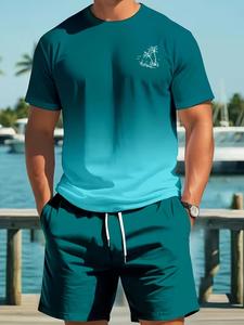 Men's 2-Piece Casual Set, Round Neck Short Sleeve T-Shirt and Shorts, All over Print, Fitted, Above the Knee, Beach Wear