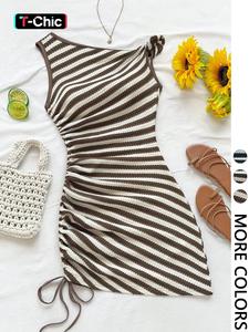 Women's Vacation Stripe Dress, Asymmetric Neckline, Side Knot Drawstring Design, Fashion Casual Summer Beach Party Wear