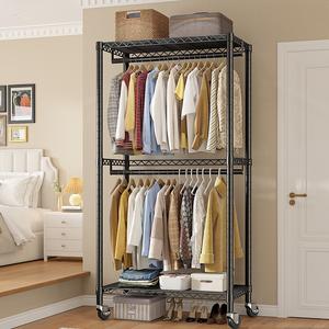 Cliporix Heavy Duty Clothes Rails for Hanging Clothes,Metal Clothes Rack with Cover on Wheels & Adjustable Shelves, Metal Clothing Rail Open Wardrobes for Bedroom, Dormitory