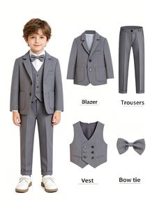 4-piece boys' suit set (jacket + vest + pants+ bow tie), suitable for boys, toddlers, teenagers,weddings, graduation ceremonies, church occasions, and as a gift! Formal slim-fitting boys' suit (excluding shirt) Solid Color Suits