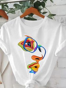 Women's Colorful Abstract Face Print Shortsleeve Round Neck Tee, Fashion Casual Short Sleeve T-shirt for Daily Wear, Ladies Summer Clothes, Womenswear, Graphic Tees Women, Funny Graphic Tees