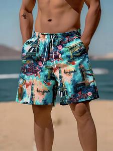Men's Floral Print Drawstring Waist Beach Shorts, Casual Breathable Comfortable Shorts for Summer, Men's Shorts for Beach Vacation