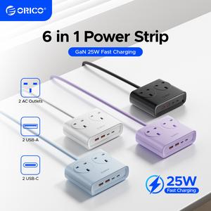 ORICO 6-in-1 UK Plug Extension Socket, Desktop Outlet Plug with 2 USB-A & 2 Type-C Ports, Fast Charging Power Strip for Desk & Home – PDC