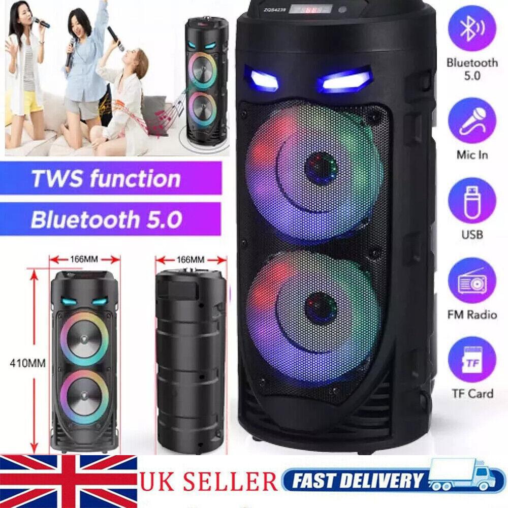 Portable Bluetooth 5.0 Party Speaker with Sub Woofer Heavy Bass Sound System MIC LED Lighting USB FM Radio Karaoke Input Adjustable Strap for Outdoor Use TWS Function UK Seller Fast Delivery Card Audio - Stereo, Cable Smartphone Colorful Remote Control