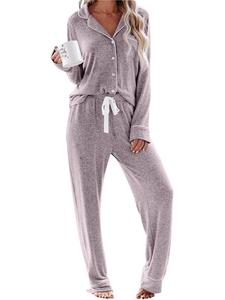 Women's Solid Contrast Binding Pajama Two-Piece Set, Casual Comfy Lapel Neck Button Up Long Sleeve Top & Pants PJ Set, Women's Sleepwear for All Seasons