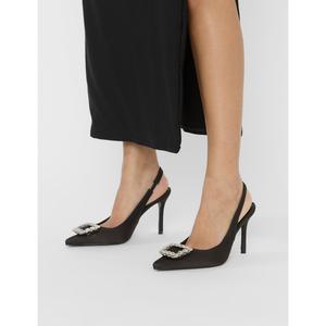 Flint Black Satin Brooch Slingback High Heels