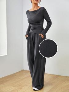 Women's Solid Ruched Asymmetrical Tee & Elastic Waist Pocket Pants Two-piece Set, Casual Long Sleeve Boat Neck Top & Wide Leg Trousers for Spring & Fall, Tall Clothing Women, Gen Z Corporate Outfit, Winter Outfits, Rave 2 Piece Set,  Curve Fashion