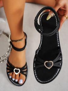 Women's Fashion Flat Sandals, Elegant Heart Shape Button Decor, Cross Strap, Suitable for Indoor and Outdoor, Cute Beach Shoes