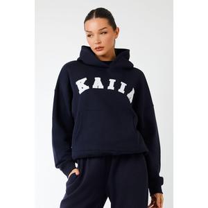 Kaiia Slogan Oversized Hoodie Navy & Light Grey Marl