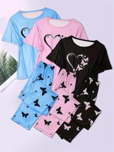6 Counts Women's Heart & Butterfly Print Pyjama Set, Lady Comfy T-shirt & Elastic Waist Trousers Set, Women Sleepwear Homewear Clothes for All Seasons