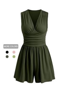 1 Spring Summer V Neck Sleeveless Romper Women | Ribbed Ruched Waist Wide Leg Short Jumpsuit | Casual Chic Style Stretchy Comfy Outfit for Daily Vacation Beach Wear