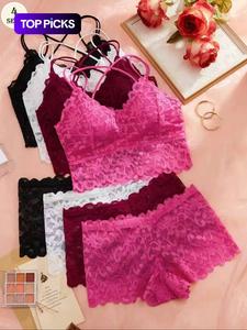 Women's Contrast Lace Backless Wireless Bra & Panty Underwear Set, Sexy Comfy Breathable Medium Fitted Pink Lingerie Set for Daily Wear, Underwear Set for Women, Bralette