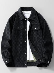 Men's Plain Plaid Print Button Front Suede Jacket, Regular Fit Casual Long Sleeve Collared Pocket Outerwear for Spring & Fall, Fashion Men's Clothes for Daily Wear, Coat