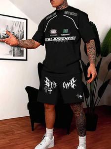 Two-Piece Set Men's Letter Print Short Sleeve Tee & Track Shorts Set, Loose Casual Round Neck T-shirt & Shorts, Summer Clothes Set for Men